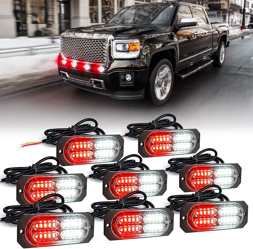 Xprite White Red 20 LED Surface Flush Mount Grille Strobe Lights Kit, Deck Dash Grill Side Marker Flashing Warning Hazard Police Light for Firefighter Vehicles Van Cars SUV ATV Truck Pickup 8PCS
