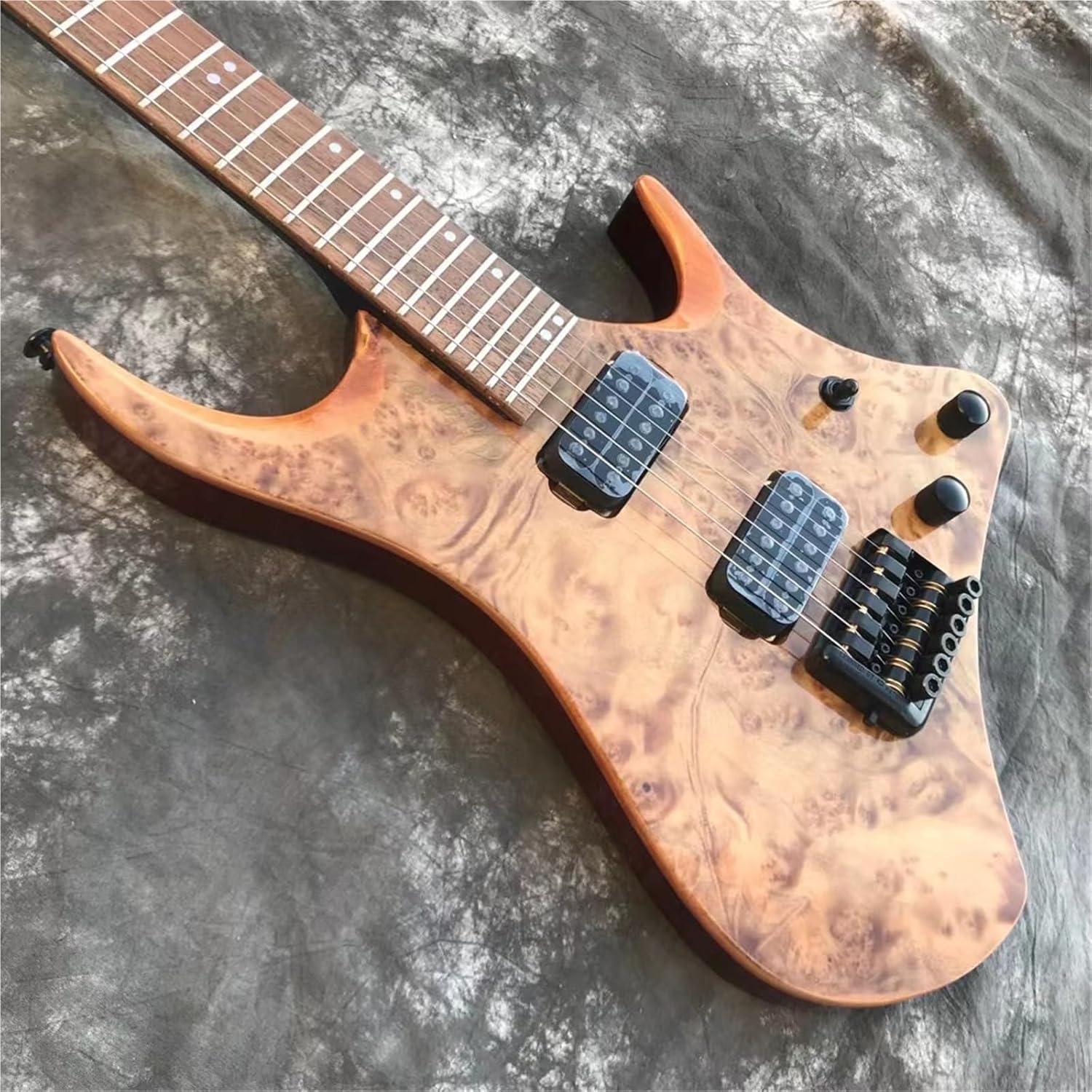 Beginner Electric Guitar Kits Original Wood Color Burl Solid Wood Headless Electric Guitar Hexagonal Pickup