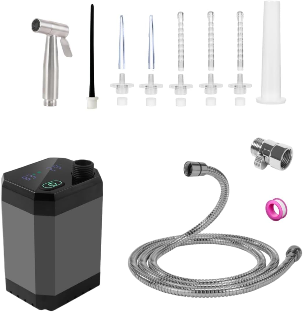 Portable Shower Enema System, Electric Handheld Toilet Bidet Sprayer,Vaginal and Anal Cleaning Kit with 6 Nozzle and 5.74 Ft Metal Hose