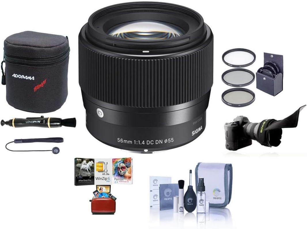Sigma 56mm f/1.4 DC DN Contemporary Lens for Sony E, Bundle with 62mm Filter Kit, Cleaning Kit, Flex Lens Shade, Lens Cap Tether, Mac Software Kit, Pouch