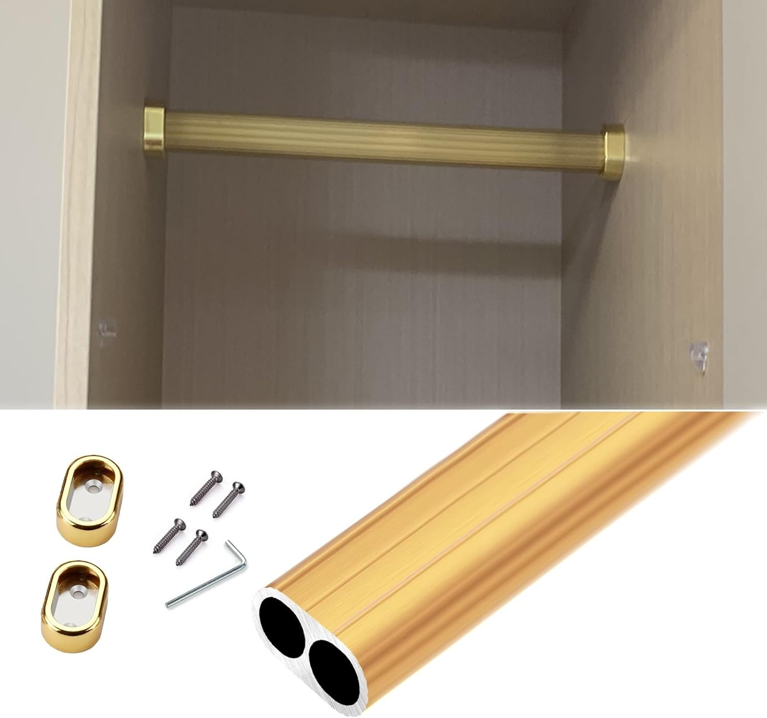 ZAQYCM 2.6mm Thick Heavy Duty Closet Pole Gold, Wardrobe Hanger Bar Kits Wall Mount, Commercial Valet Rod for Retail Store, Hotel Restaurant, Boutique and Bay Window (Size : Closet Width 32