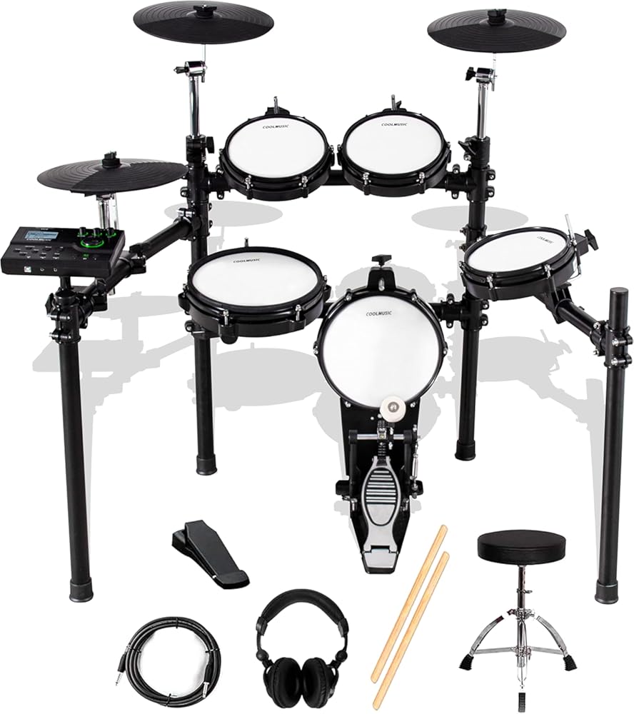 Coolmusic DD8 Electric Drum Set Electronic Kit with Mesh Head 8 Piece, Drum Throne, Sticks Headphone and Audio Cable Included, More Stable Iron Metal Support Set