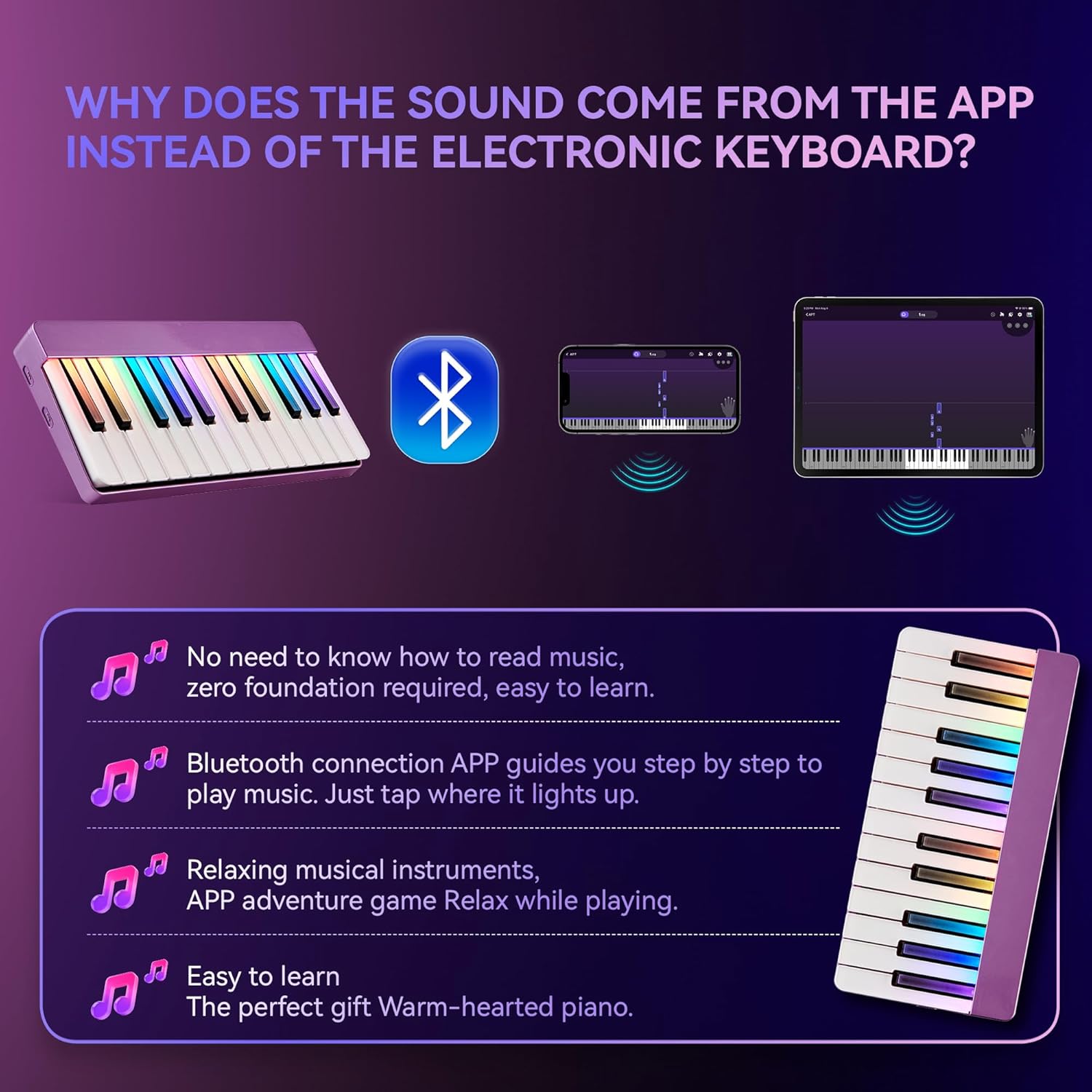 Smart Piano Keyboard with Built-in LED Light and Free App, 24-Key Smart Piano for Beginners, Portable travel piano Keyboard,Mini Piano Keyboard, MIDI Supported, Birthday or Holiday Gift(Purple)