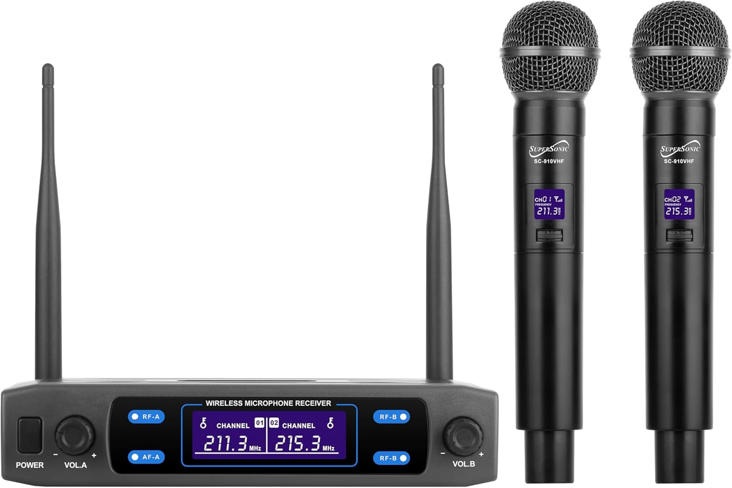 Supersonic SC-910VHF VHF Dual Channel Wireless Microphone with Dual Handheld Transmitters, LED Status Indicator, Long Battery Life for Singing Karaoke, Dj Party, Home KTV Set