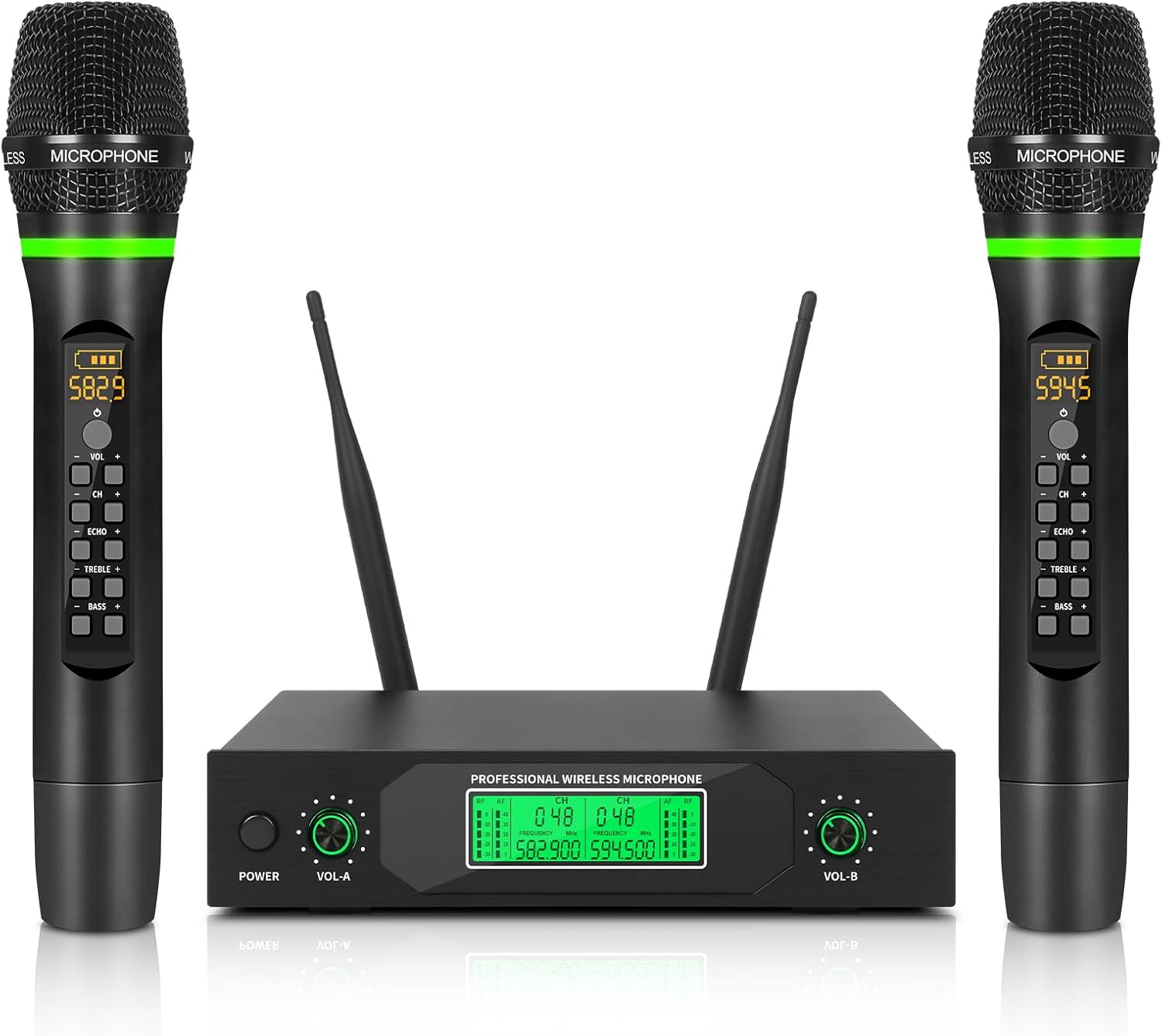 XTUGA Wireless Microphone System 50 Frequencies Rechargable Dual Mental Cordless Dynamic Microphone Set, 290ft, Echo,Treble,Bass for DJ/Church/Karaoke/Wedding/Party Home KTV Set