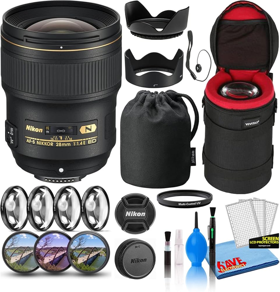 Nikon AF-S NIKKOR 28mm f/1.4E ED Prime Lens (20069) with Padded Lens Case + Macro Filter Kit + UV, CPL, FL Lens Filters + Tulip Hood + Lens Cap Keeper + Cleaning Kit (Renewed)