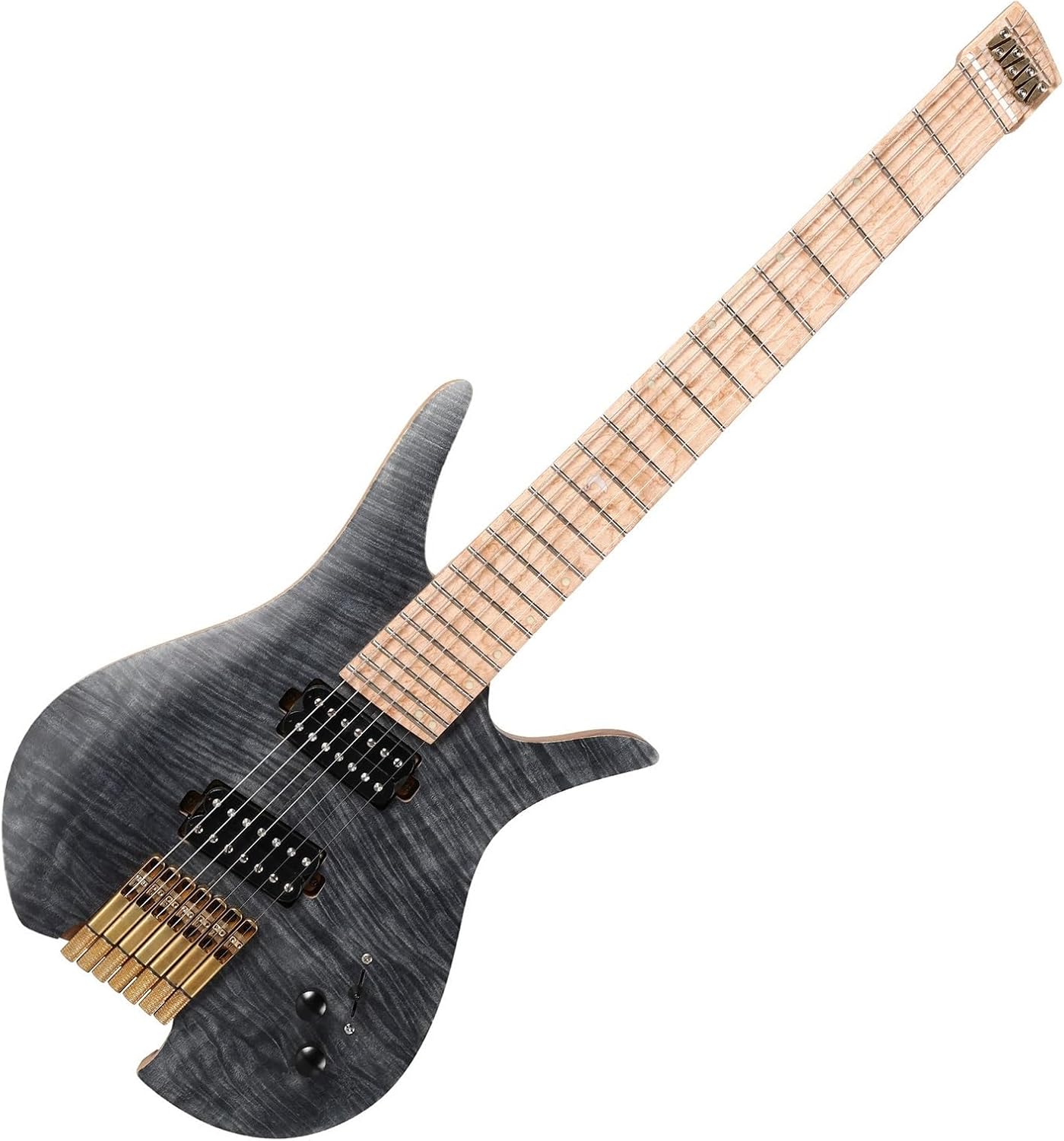 Headless Electric Guitar 7 String Fanned Fret Headless Electric Travel Guitar Ash Wood with Flame Maple Veneer
