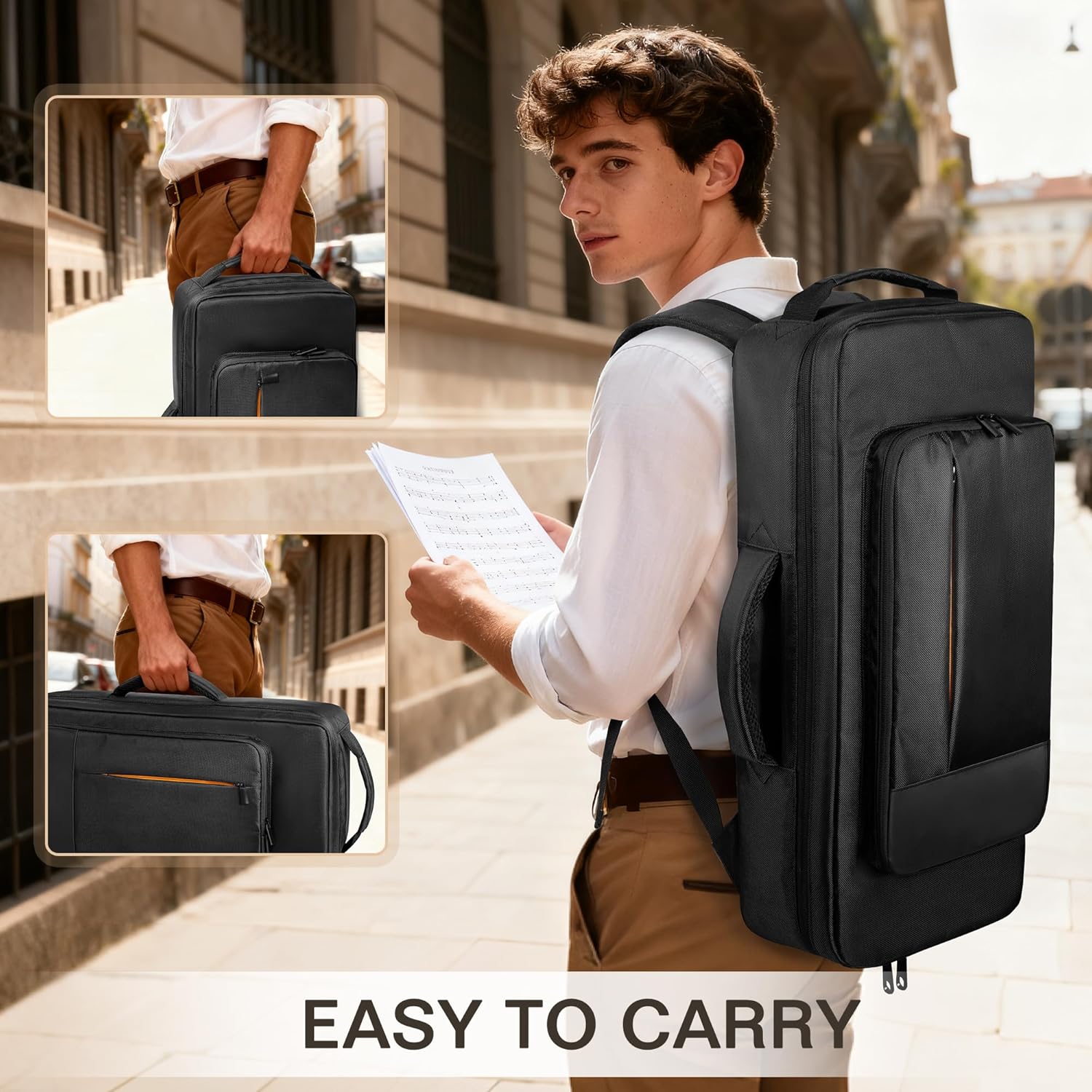 Trumpet Case Backpack, Musical Instrument Storage Carrying Bags with Thick Cotton Liner, Separate Pocket for 2 Mutes, 2 Carrying Ways, Black