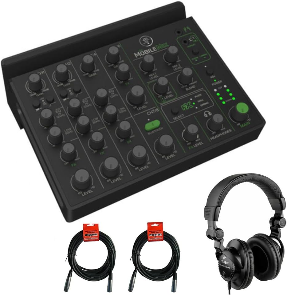 Mackie MobileMix 8-Channel Live Sound and Streaming Mixer Bundle with Polsen HPC-A30 Closed-Back Studio Monitor Headphones and 2x XLR- XLR Cable