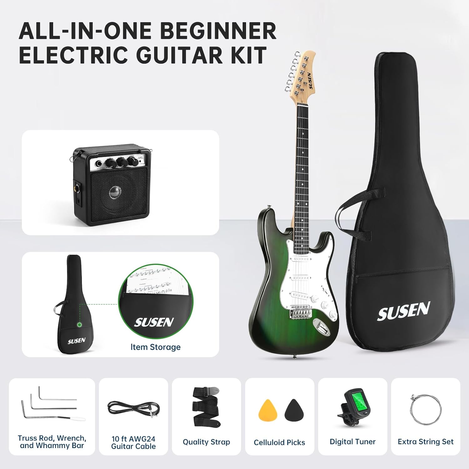 Electric Guitar, 39 Inch Solid Full-size Electric Guitar S-S-S Pickups Starter Kit Includes Amplifier, Bag, Digital Tuner, Strap, String, Cable, Picks，Mini AMP（Green (Green)