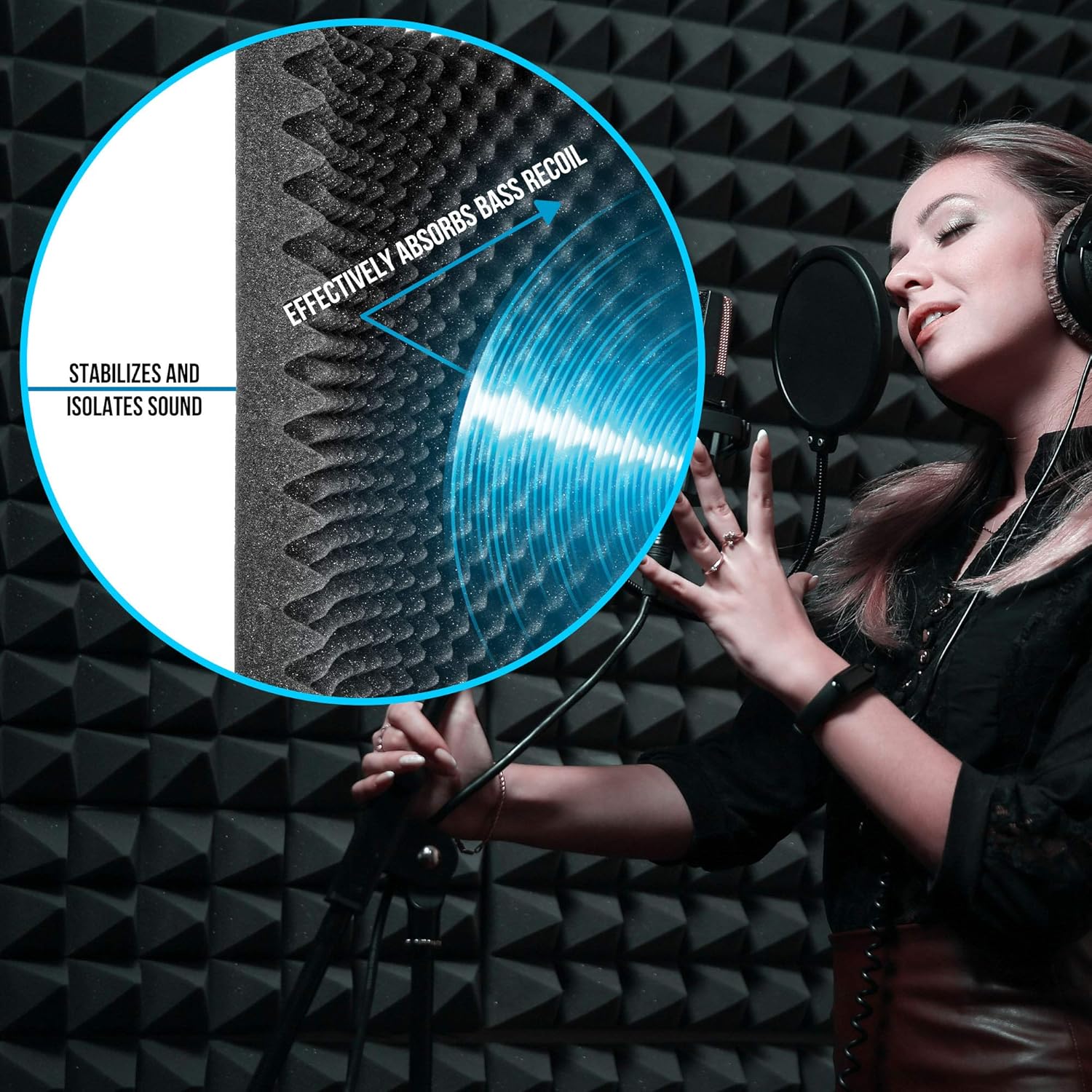 Pyle Acoustic Isolation Absorber Shield Sound Wall Panel Studio Foam and Dampening Wedge with Height Adjustable Stand, Black