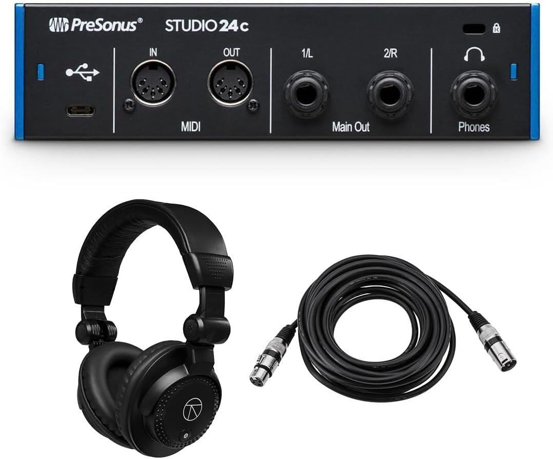 PreSonus Studio 24c 2x2 Portable Ultra-High Definition USB Type-C Audio/MIDI Interface, Bundle with TAPH100 Headphones and 25' XLR Cable