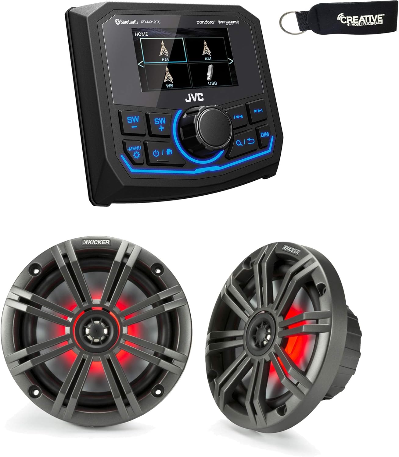 JVC KD-MR1BTS Bluetooth Marine Receiver w/A Pair of Kicker LED Marine OEM Replacement Speakers - Charcoal