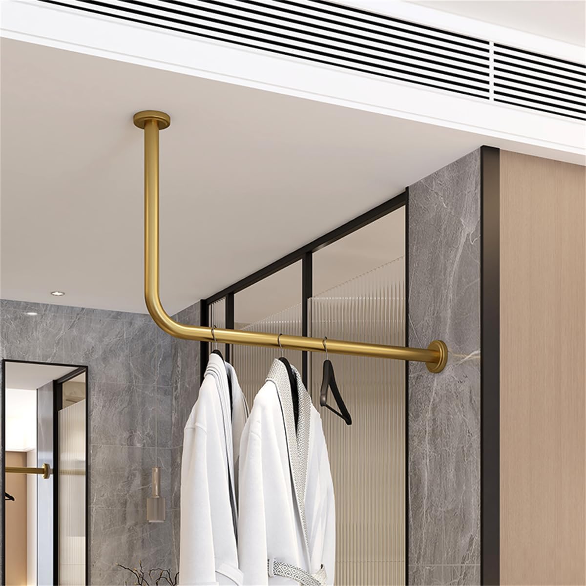 Wardrobe Assistant Corner Hanging Bar, Wall Mounted Corner Clothing Rack,Heavy Duty Industrial Pipe Garment Rack,Wardrobe Closet Organizer,for Office Entryway Bedroom,Gold,150x60cm