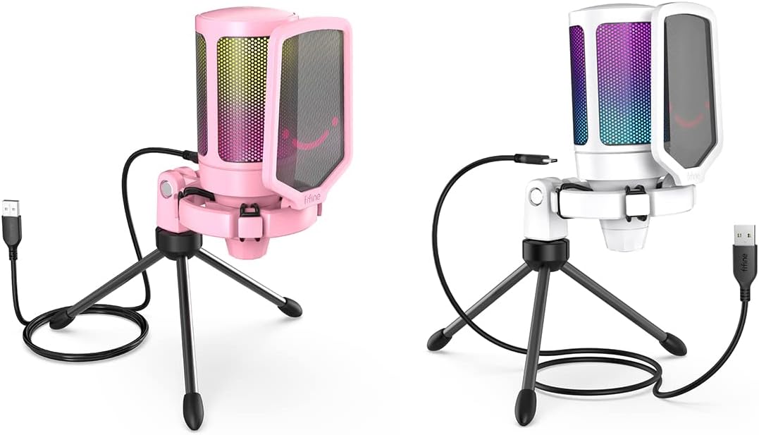 FIFINE USB Mic and White Microphone,AmpliGame RGB Computer Microphone, Condenser Cardioid Desktop Gaming Mic with Quick Mute, Gain Knob,Anti-Vibration for Streaming Podcasts,Zoom -Pink/White (A6P+A6W)
