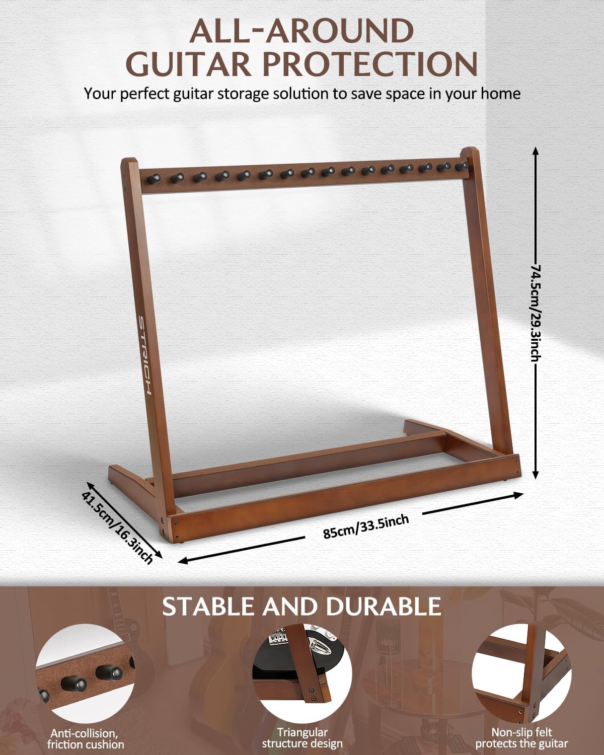 STRICH Guitar Stand for Multiple Guitars, Hardwood Guitar Rack for 8 Electric Guitar Bass, or 5 Acoustic Guitars, Padded Multi Guitar Stand for Home, Studio, SMT-10 (7-Holder)