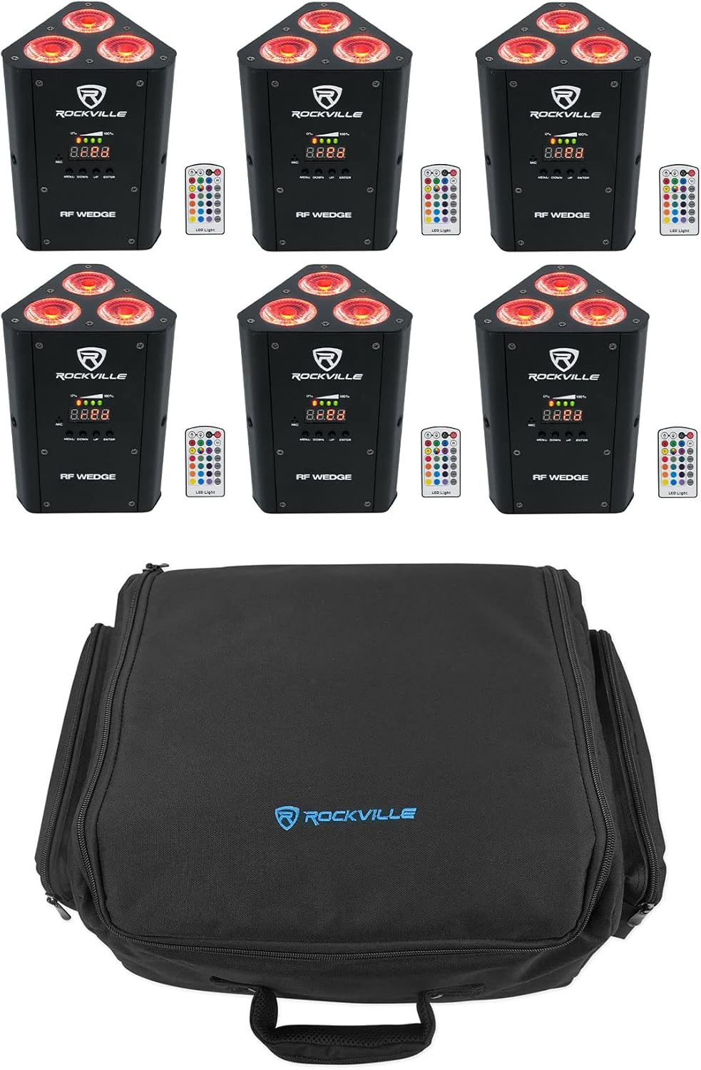 6 Rockville RF Wedge Black RGBWA+UV Battery Wireless DMX Lights+Remotes+Backpack