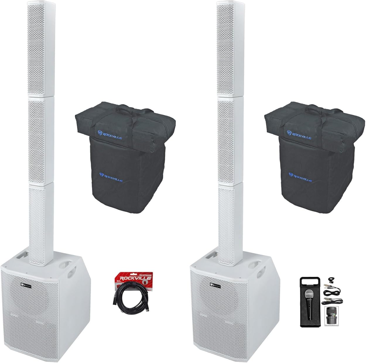 Rockville Bundle: (2) Titan Array System White Pro Powered Column Array Speaker Bundle with RCXFM20E-B Female to Male XLR Mic Cable and RMC-XLR Wired Microphone Mic w/(2) Cables (4 Items)