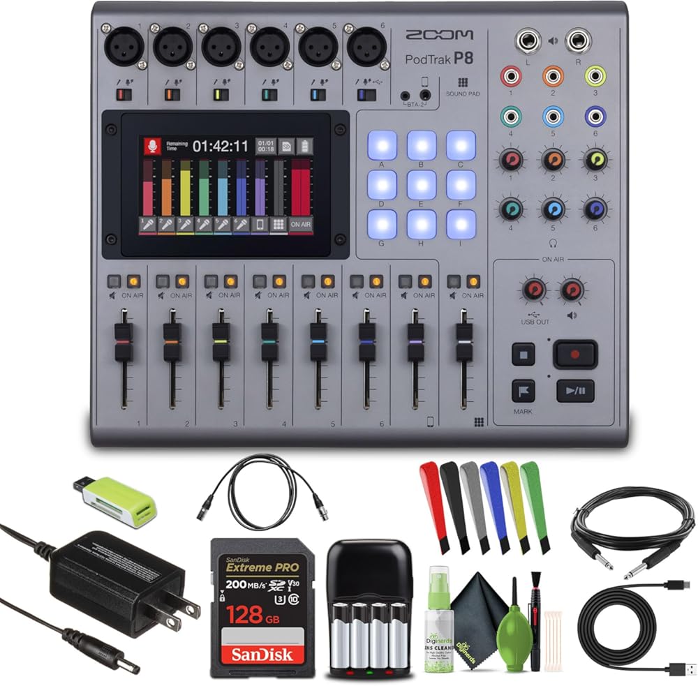 Zoom PodTrak P8 Portable Multitrack Podcast Recorder With 6 Microphone Inputs, 6 Headphone Outputs, Smartphone Input, 9 Sound Pads, Onboard Editing, Battery Powered Bundle With Accessories