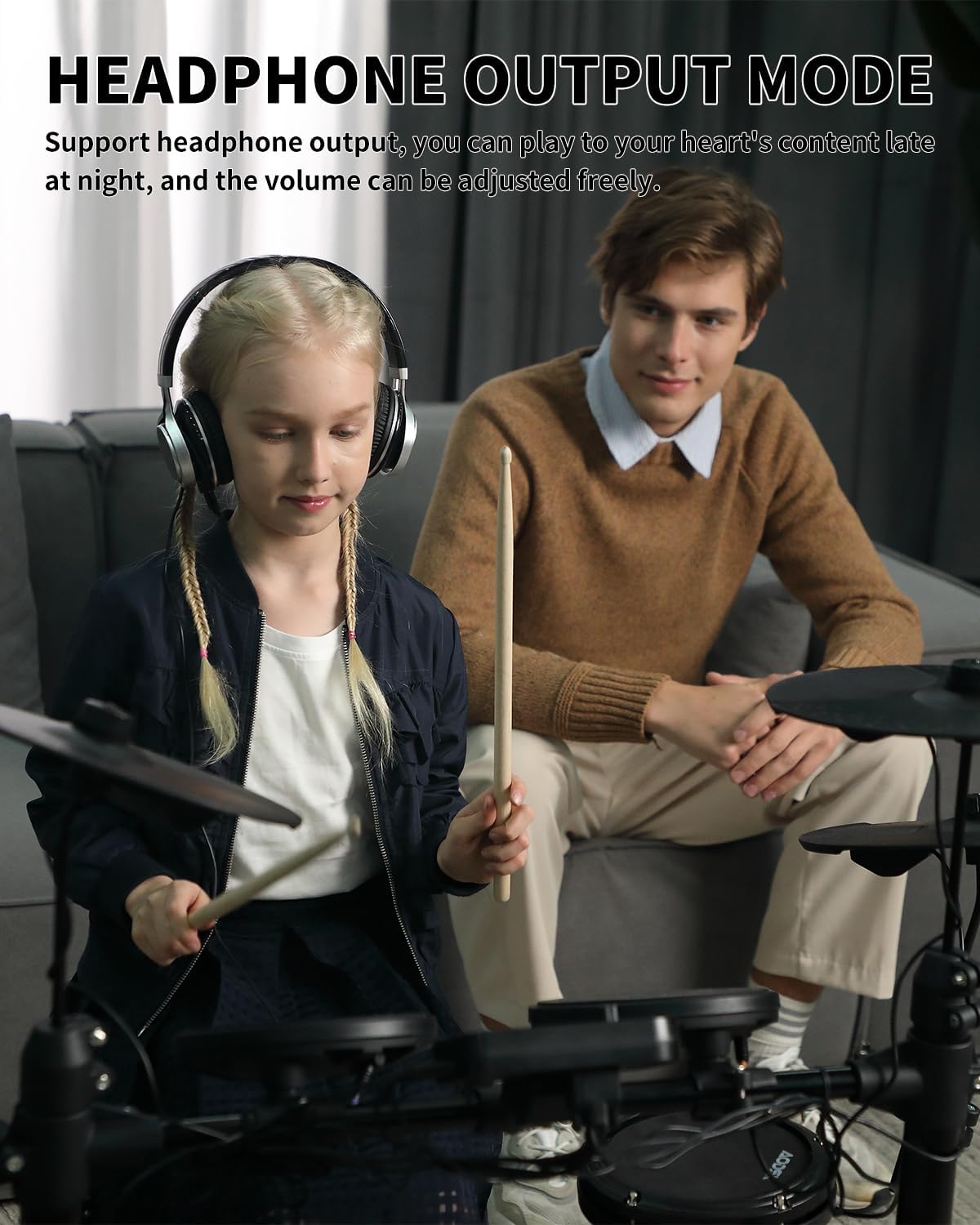 AODSK Electric Drum Set for Beginner with 150 Sounds,4 Quiet Drum Pads,2 Pedal,Throne,Sticks,Electronic Drum with Headphone,AED-400