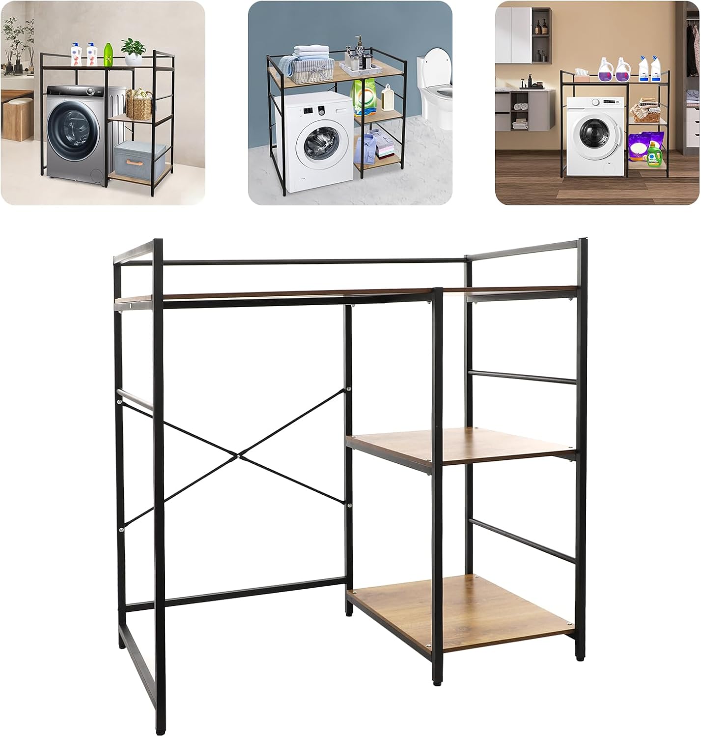 3-Tier Washing Machine Storage Shelf, Heavy-Duty Laundry Room Storage Organizer with 3 Shelves and Footpads, Bathroom Washer Dryer Storage Shelf for Placing Drum Washing Machines, Dryers