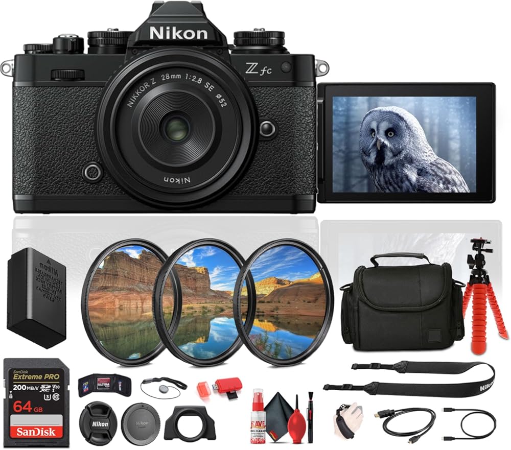 Nikon Z fc DX-Format Mirrorless Camera with NIKKOR Retro Style Z 28mm f/2.8 (SE) Lens (1673B) + 64GB Memory Card + Camera Bag + Tripod + Cleaning Kit + HDMI/Micro Cable + Hand Strap + More (Renewed)