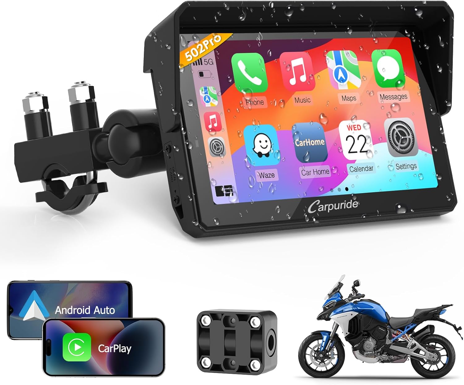 Carpuride W502PRO for Motorcycle CarPlay& Android Auto& Dual Bluetooth - 5