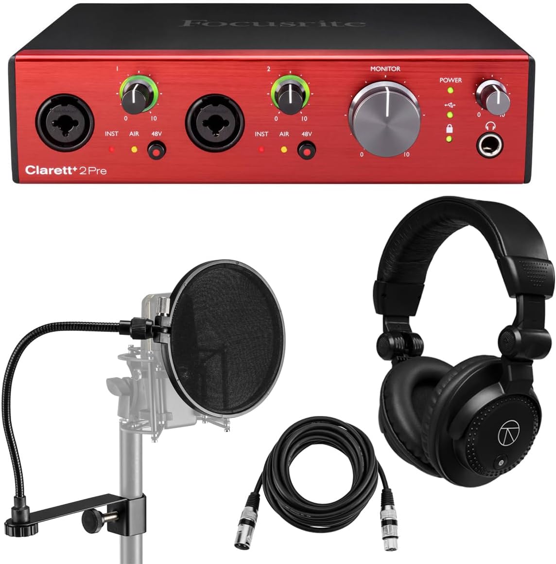 Focusrite Clarett+ 2Pre 8-Channel 10-In/4-Out Audio Interface with Software Suite, Bundle with 15' XLR Cable, TAPH100 Monitor Headphones, H&A Pop Filter