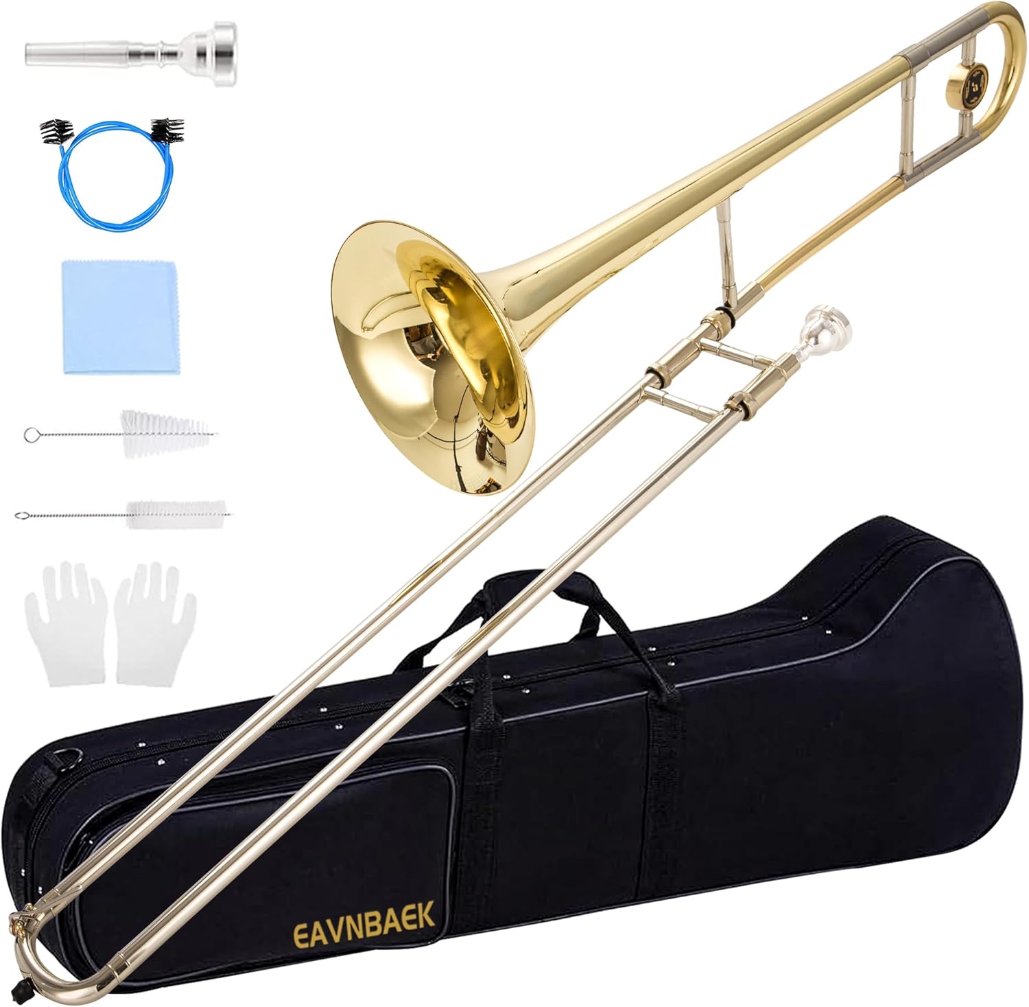 Bb Tenor Slide Trombone for Students Beginners, B Flat Brass Plated Trombone Instrument with Hard Case Mouthpiece White Gloves and Cleaning Kit (Gold)