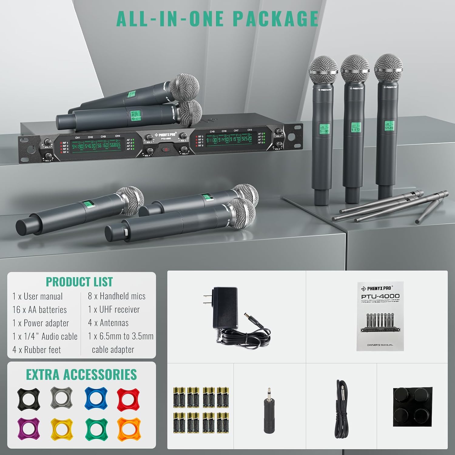 Phenyx Pro Wireless Microphone System, 8-Channel UHF Wireless Mic (PTU-4000-8H) Bundle with 10Ft XLR Snake Cable