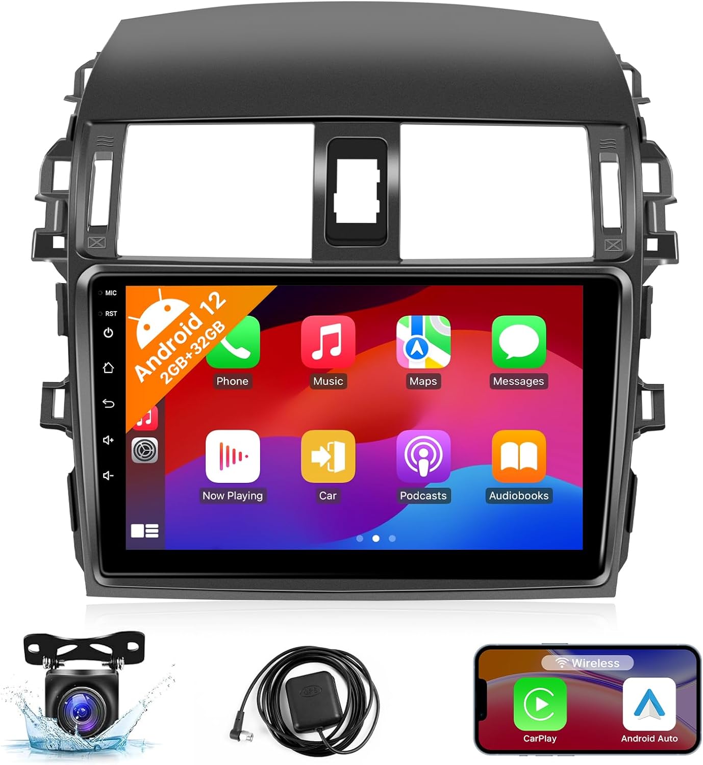 Naifay Android Car Radio for Toyota Corolla 2009 2010 2011 2012 2013 with Wireless Carplay Android Auto, 2+32G 9 inch Touch Screen for Corolla Stereo Bluetooth Car Audio Receivers In Dash GPS WiFi SWC