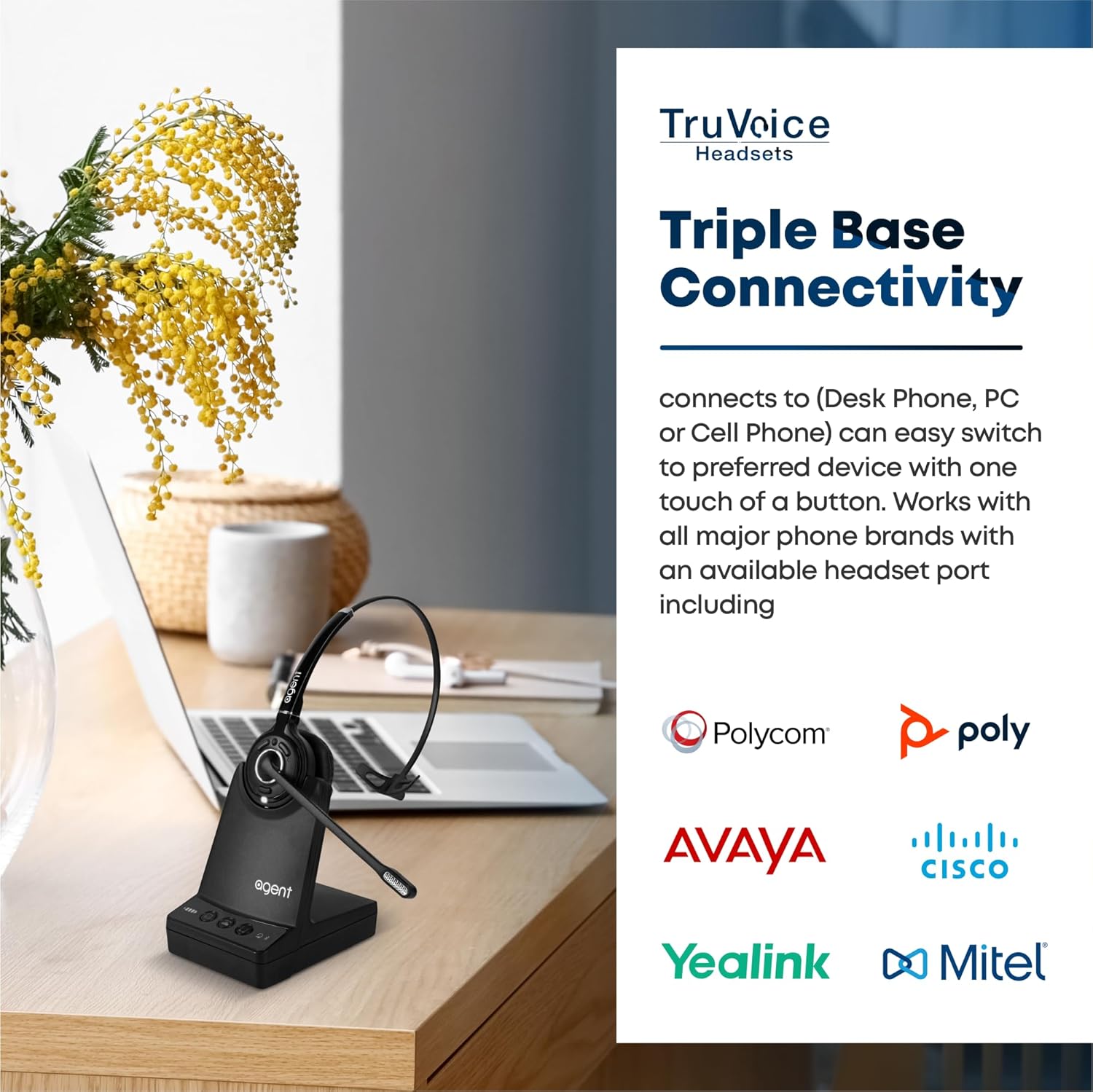 TruVoice Agent AW70 Wireless DECT Headset with Noise Canceling Microphone and Remote Answer Cable Compatible with Most Mitel Desk Phones - 3-in-1 Connection for Phone, PC and Cell.