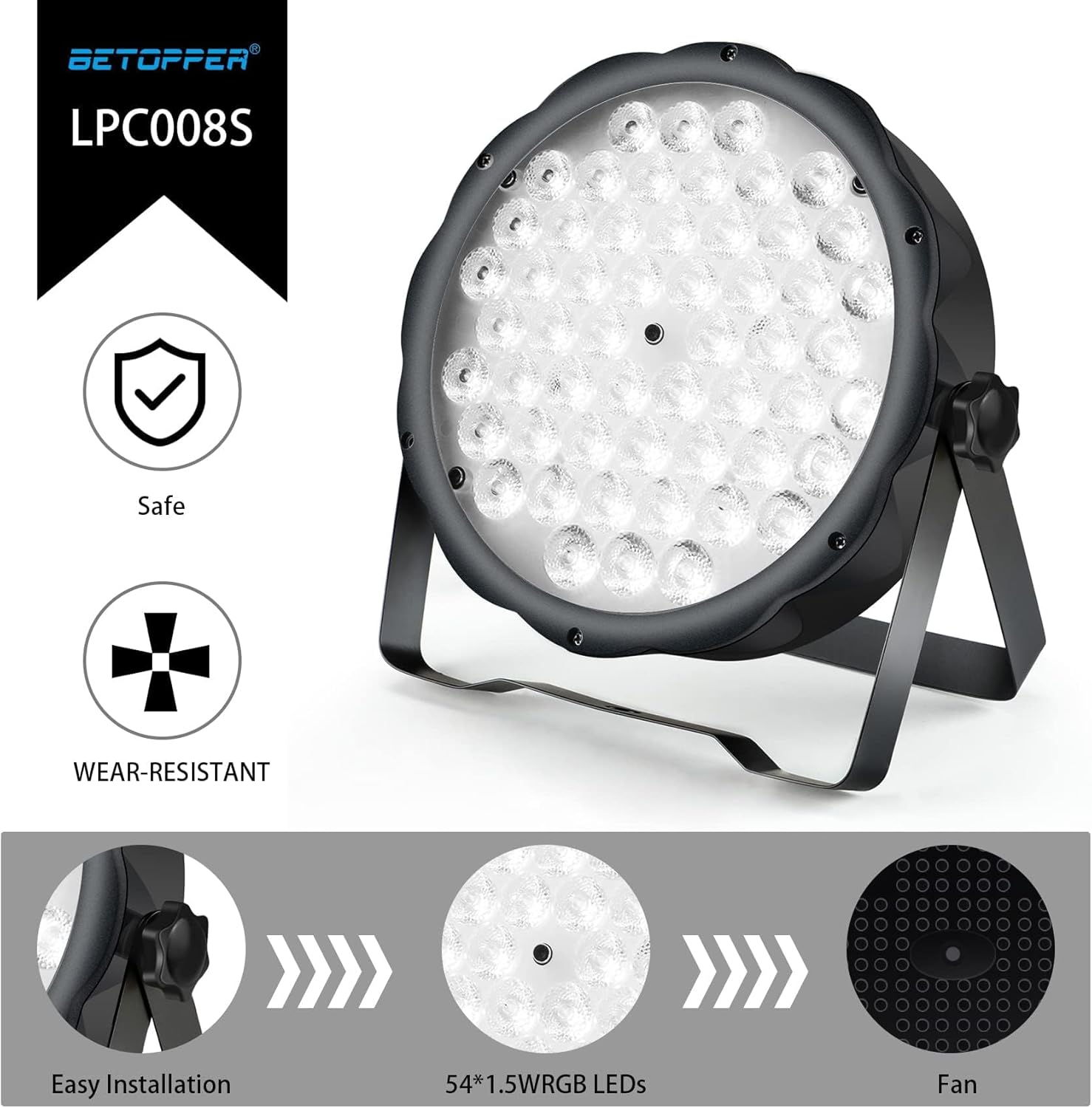 BETOPPER LED Par Lights 54 x 1.5W, RGB Stage Lights DMX DJ Lighting Sound Activated with Stand, Strobe Light & Wash Par Lighting DMX for Parties, Church, Wedding, Bars, 12