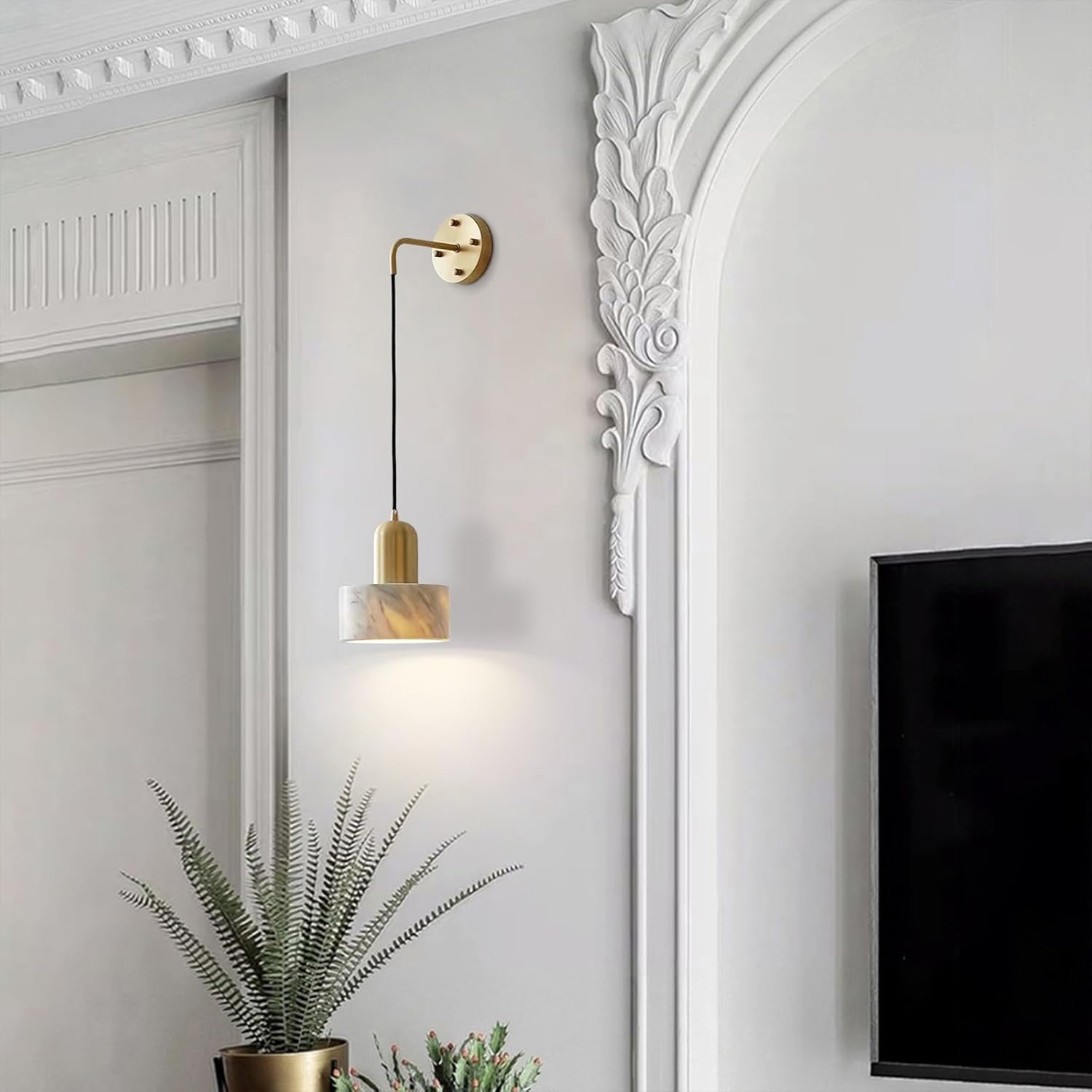 Natural Marble Wall Sconce, Mid-Century Wall Mount Lamp with Stone Shade, Metal Base Indoor Wall Lights, Hardwired Adjustable Height Wall Lamp for Bedroom Bedside Living Room(White)