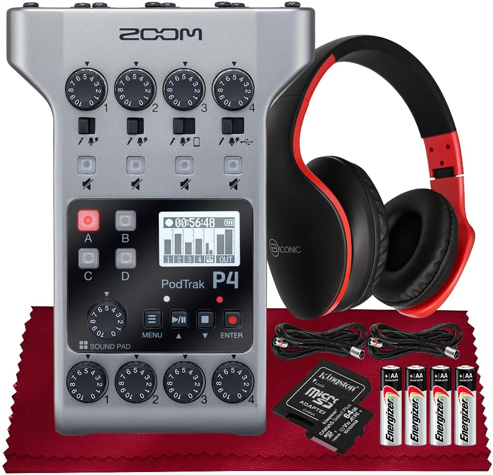 Zoom PodTrak P4 Portable Multitrack Podcast Recorder, Audio Interface w/ 4 Mic Inputs, 4 Headphone Outputs with 64GB SD, 2X XLR Cable, Headphone w/Built-in Mic, Batteries, and More
