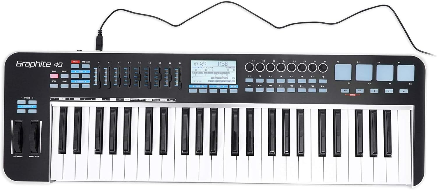 Samson Graphite 49 Key USB MIDI DJ Keyboard Controller w/Aftertouch/Fader/Pads Bundle with RockvilIe RKS30X Double X Braced Keyboard Stand w Push Button Lock Mechanism!