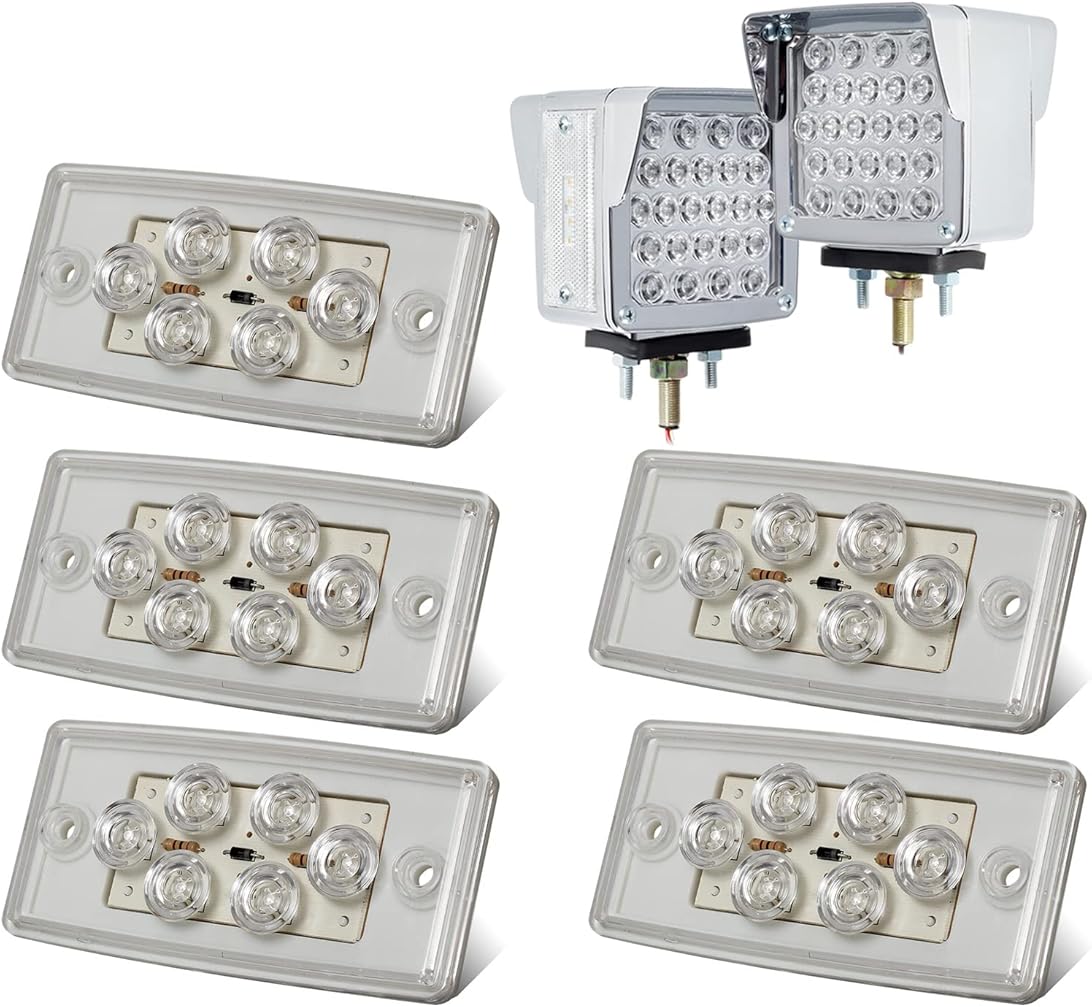 Partsam Double Face Square LED Fender Pedestal Lights Amber/Red 52 LED 3 Studs Mount Truck Trailer Stop Tail Turn Signal Lights+5x6 LED Amber Roof Clearance Marker Lights