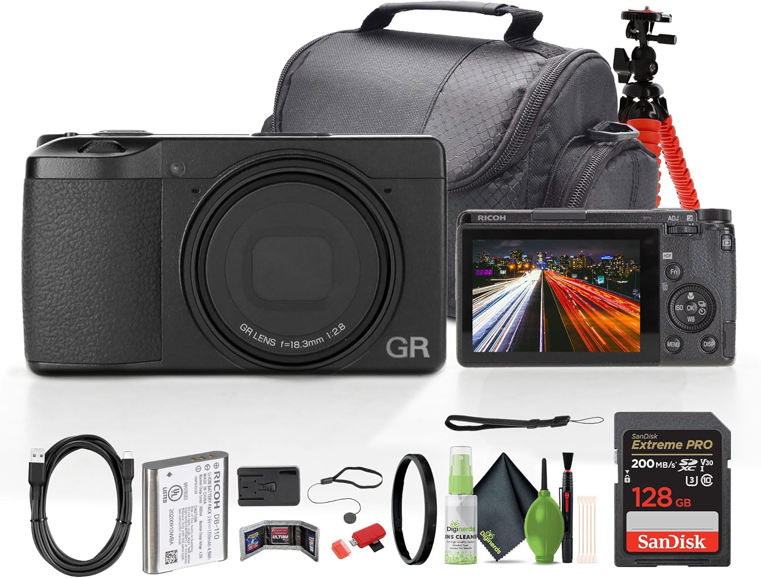 Ricoh GR III HDF Compact Portable Digital Camera (01272) + 64GB Memory Card + Camera Bag + Flexible Tripod + Cleaning Kit + Card Wallet + Card Reader + Lens Cap