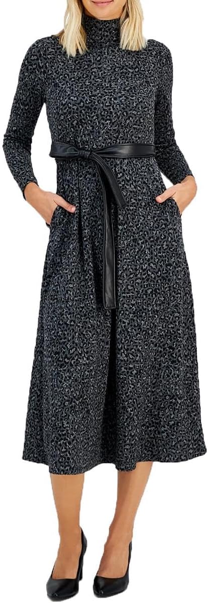 Anne Klein Womens Long Sleeve Mock Neck Midi Dress with Be