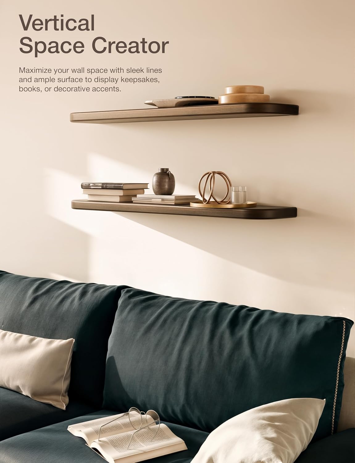 BATODA Set of 2 36” Acacia Floating Shelves for Wall (Round Edge) - Floating Bookshelf Wall - Storage Wood Shelves for House Decor, Kitchen, Bathroom - Brackets and Hardware Included (Walnut Color)