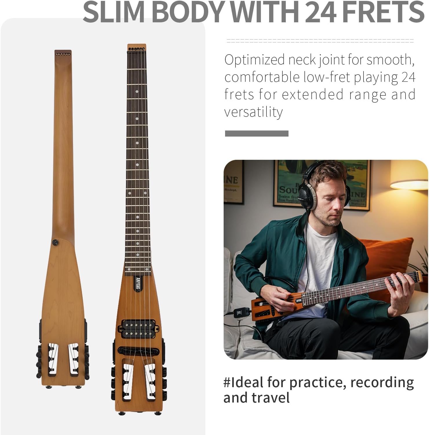 Travel Electric Guitar Headless – Portable Ultra-Light and Quiet, Full-Scale 25.5” Rosewood Fingerboard, glow humbucker, Gig Bag, Removable Stands include all Accessories Left Handed Brown