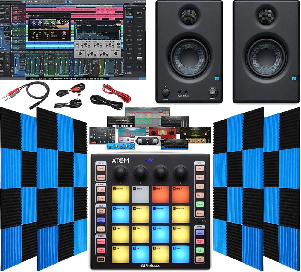 PreSonus ATOM Production/MIDI Pad Controller for USB/iPad & iOS | Eris 4.5 Pair Monitors, 24 Pack Acoustic Soundproof Foam Wedge Sound Insulation Panels + 3.5mm / TRS to Dual 1/4