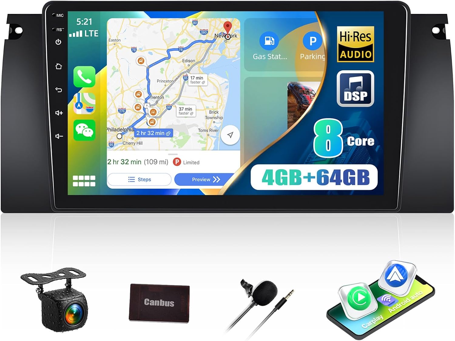 Qualcomm 8-Core 4G+64G Car Stereo for BMW X5 2000-2006, BMW 5 Series E39 M5 1996-2003, Wireless CarPlay Android Auto, 9