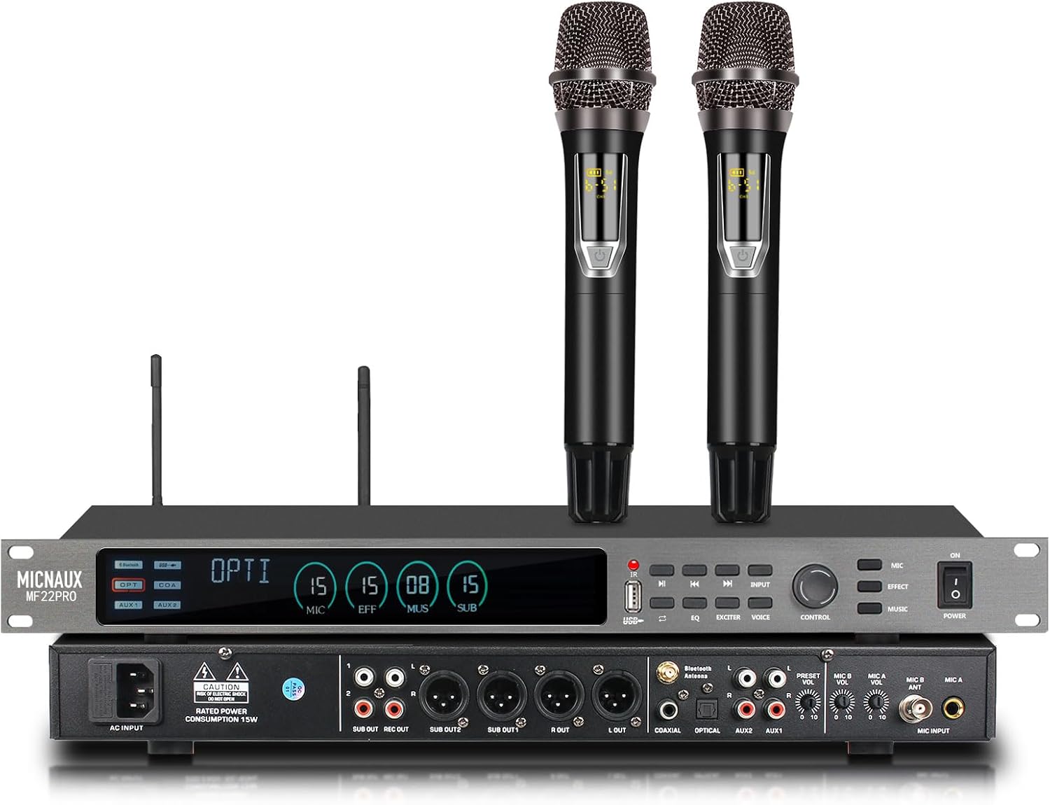 Digital Karaoke Processor KTV Mixer, Professional Pre-Stage Effector Audio Vocal Effects Processor Dual Wireless Microphones System with DSP Anti-Howling USB Bluetooth Optical Input (Silver)