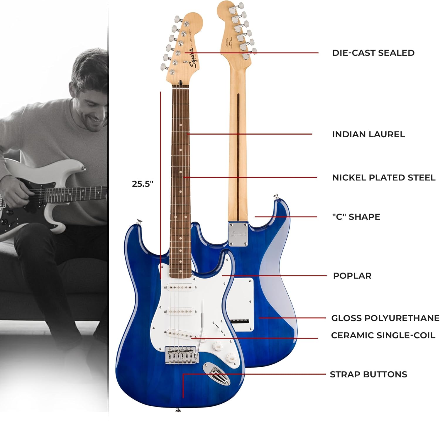 Fender Squier Sonic Stratocaster Pack - Sapphire Blue Transparent Bundle with Frontman 10G Amp, Gig Bag, Instrument Cable, Strap, and Picks