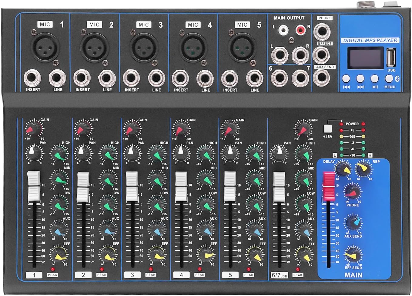 7 Channel Audio Mixer, 110VSound Mixer DJ Sound Controller with USB & Bluetooth, Audio Mixing Console supports six different music styles for Professional and Beginners