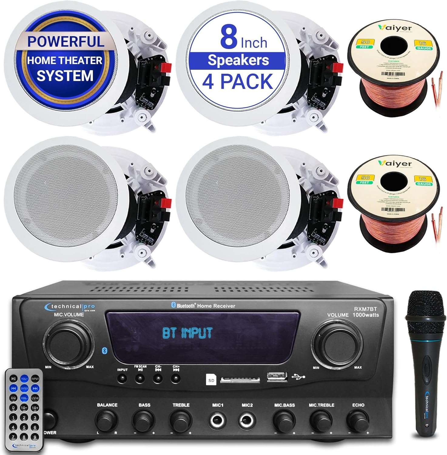 Vaiyer 1000W Bluetooth Home Theater Sound System – Amplifier with 4 High-Power 8” In-Ceiling FramED Speakers, 100ft Wire, Mic & Remote – Compact Audio Kit for Living Room, Office, Garage & Outdoor Use