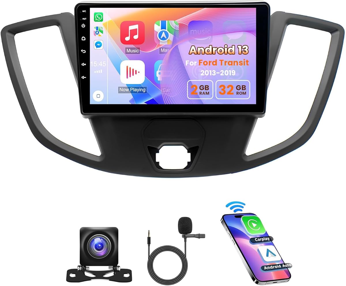 Android 13 Car Stereo for Ford Transit Custom 2013-2019 9 Inch IPS Touch Screen Car Radio with Wireless Carplay/Android Auto GPS WiFi Bluetooth FM Radio Backup Camera SWC Split Screen- 2+32G