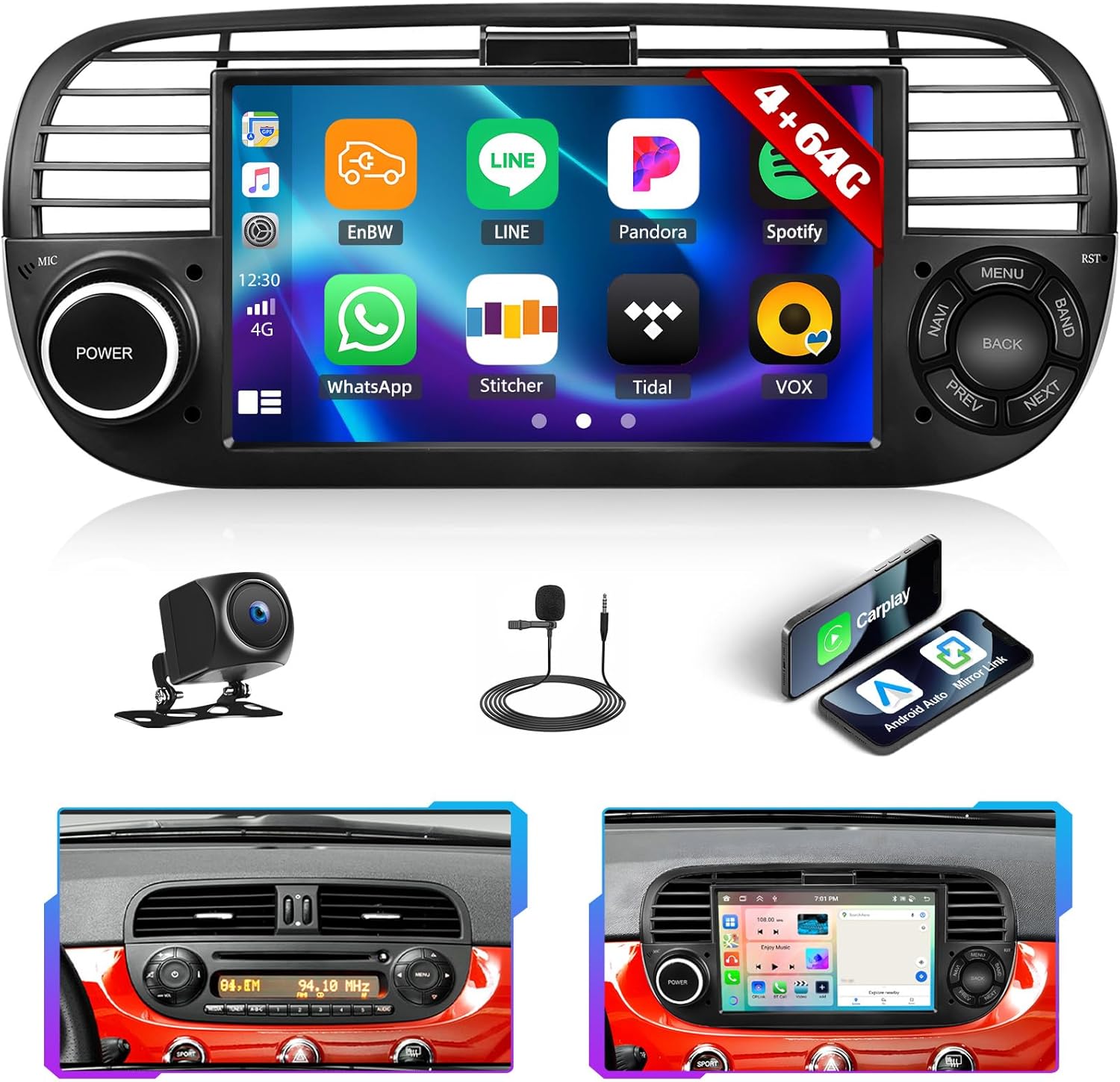 [4+64G] 8-Core Android Car Stereo for Fiat 500 2007-2015 with Wireless Carplay&Android Auto,7 Inch Car Radio with Mirror Link Bluetooth FM/RDS Radio WiFi GPS SWC Dual USB+AHD Backup Camera