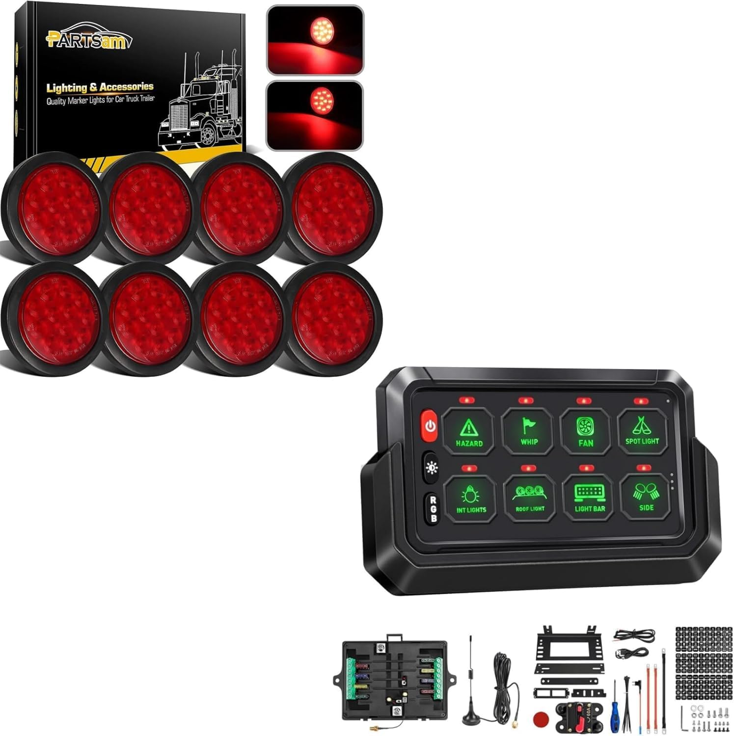Partsam Round Red LED Trailer Tail Light+Wireless RGB 8 Gang Switch Panel